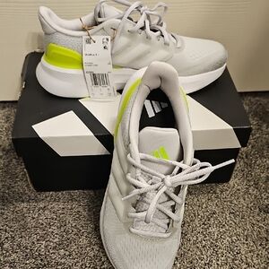 adidas Womens White Sneakers with Neon Yellow Accents
